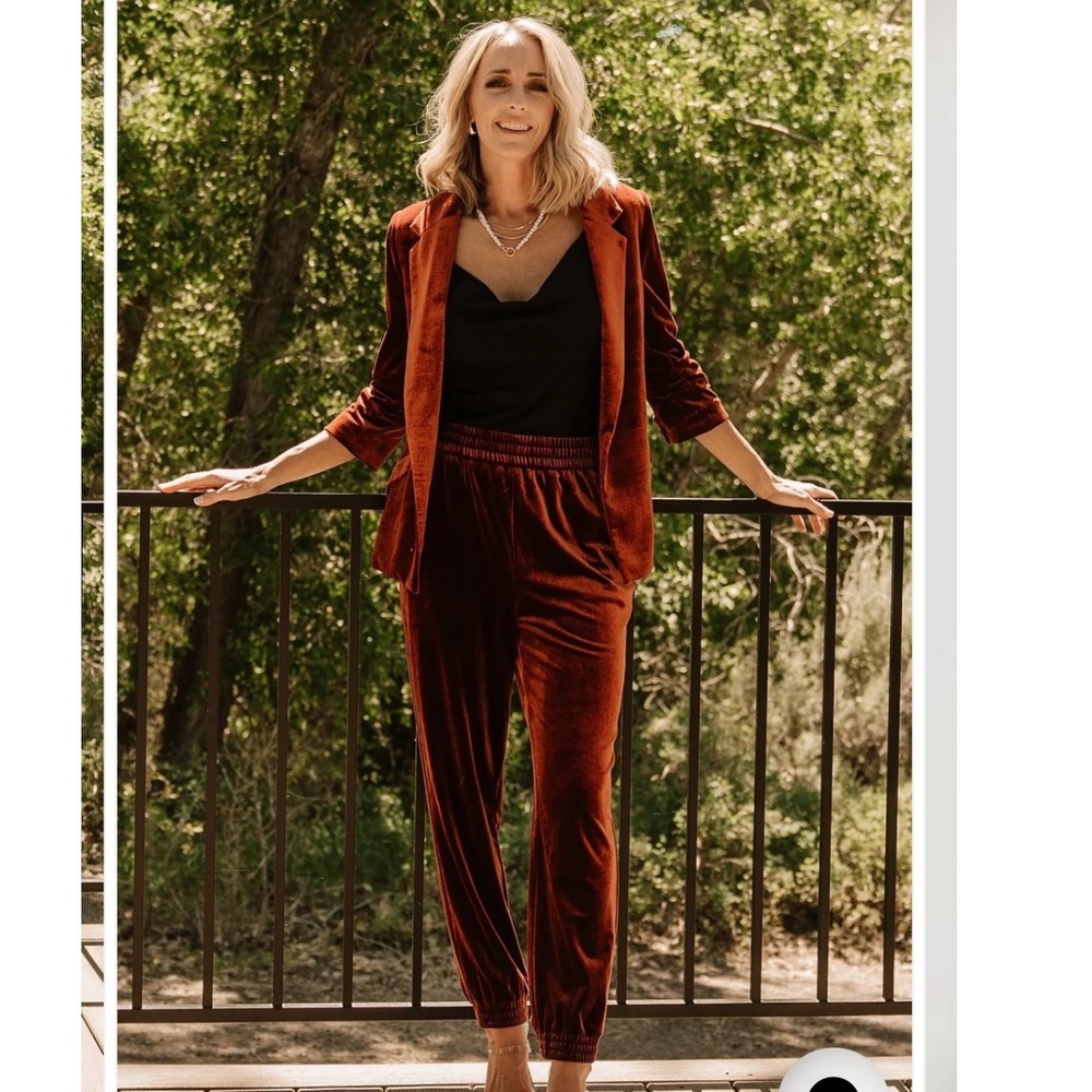 Baltic Born Archie Velvet Pant Set Women S Rust Orange Ruched Sleeve